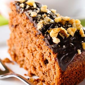 Moist Caramel Cake with Chocolate Glaze and Nuts